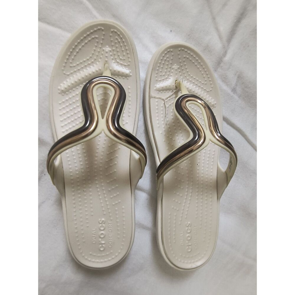 Crocs Saturday Metallic Buckle Slide Sandals Cream White Gold Hardware Size 10